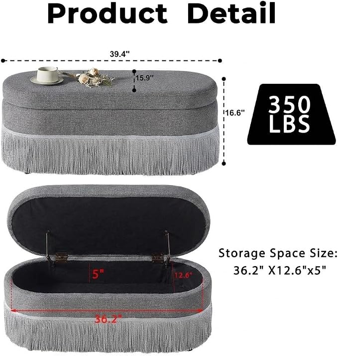 39.4“Storage Ottoman Bench with Tassels, Oval End of Bed Bench for Bedroom | Modern Ottoman with Storage,Linen Upholstered Entryway Foot Rest, Lift-Top Lid with Safety Hinge, Living Room, Grey