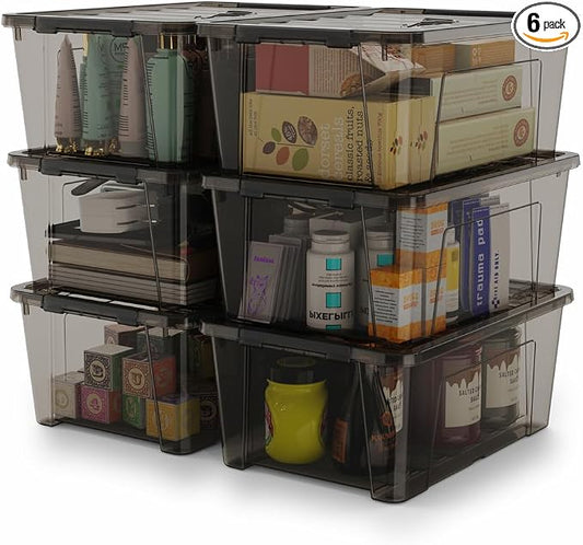 WYT 5-Quart Small Plastic Storage Container Bin with Secure Lids and Latch Buckles, Black Clear Durable Stackable Nestable Organizin, 6-Pack
