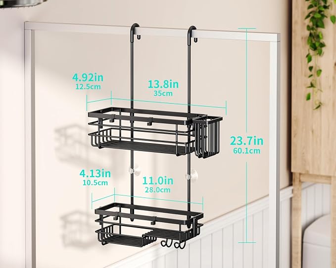 HapiRm Hanging Shower Caddy – For Renters & Small Bathrooms, Fits Shower Curtain Rods, No Drilling, 2 Rustproof 304 Shelves, 4 Hooks, and a Detachable Toothbrush Holder You Can Rinse - Black