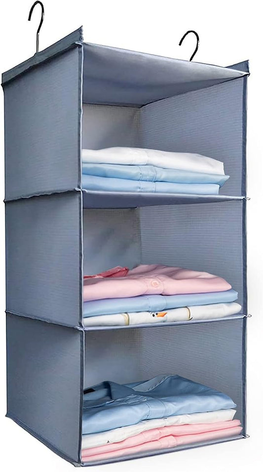 Hanging Closet Organizer 3-Shelf, Oxford Fabric Wardrobe Storage, Gray | Easy-mount foldable design holds clothes, handbags, shoes & accessories; washable Oxford fabric, sturdy and space-saving.