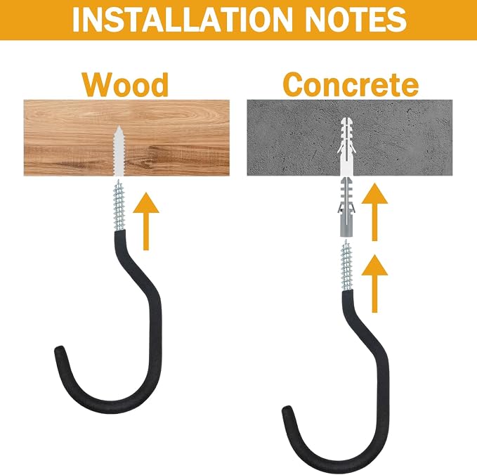 Heavy Duty Screw in Hooks for Hanging, 12 Pack Bike Hooks for Garage Wall with Screw Anchors, Wall Mount Bicycle Storage for Ceiling, Large Black Plant Hooks for Ceiling