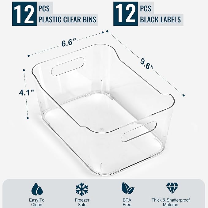 12 PACK Multiuse Clear Plastic Storage Bins for Organizing w/ Labels - Home, Kitchen, Bathroom, Office, Pantry Cabinet Shelf Organizer Bins - SOHO Collection, RV, Fridge Organization Containers