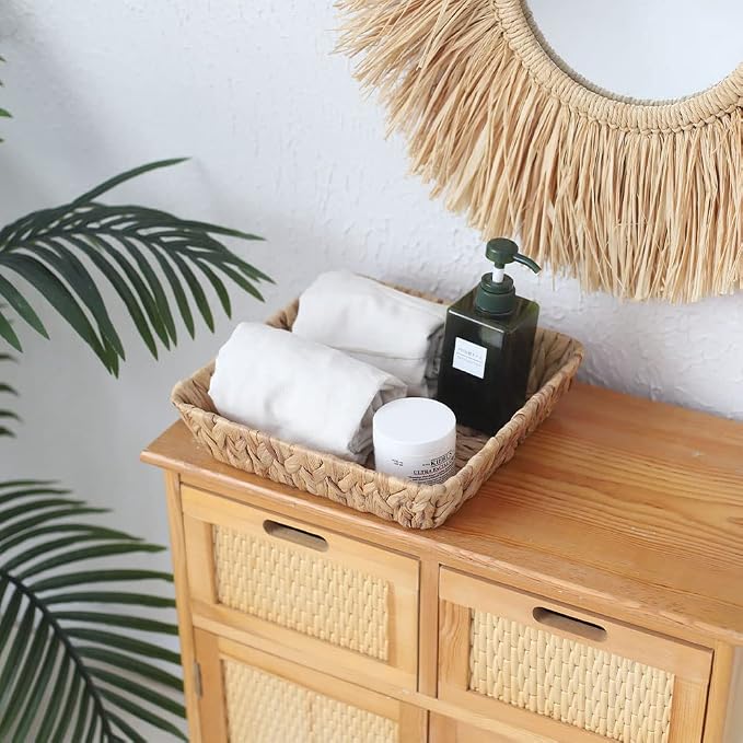 Square Water Hyacinth Weaving Tray, Handwoven Storage Basket | Natural sturdy weave, eco-friendly material, kitchen serving, living room storage, home decor, for family & gifting