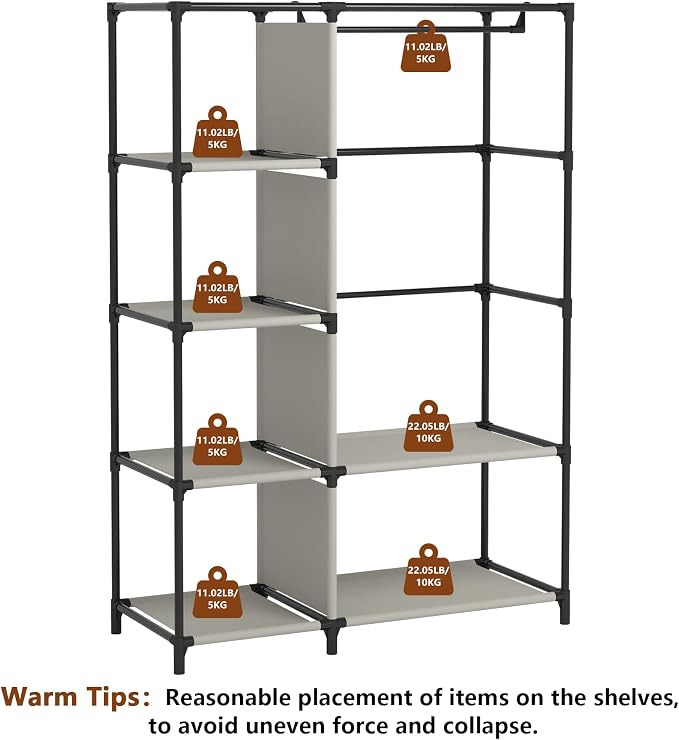 Calmootey Portable Closet Organizer, Space-Saving Storage System for Home | Sturdy Rod for Coats, 6 Shelves for Folded Clothes, 4 Side Pockets for Small Items, Non-Woven Dustproof Cover, Black