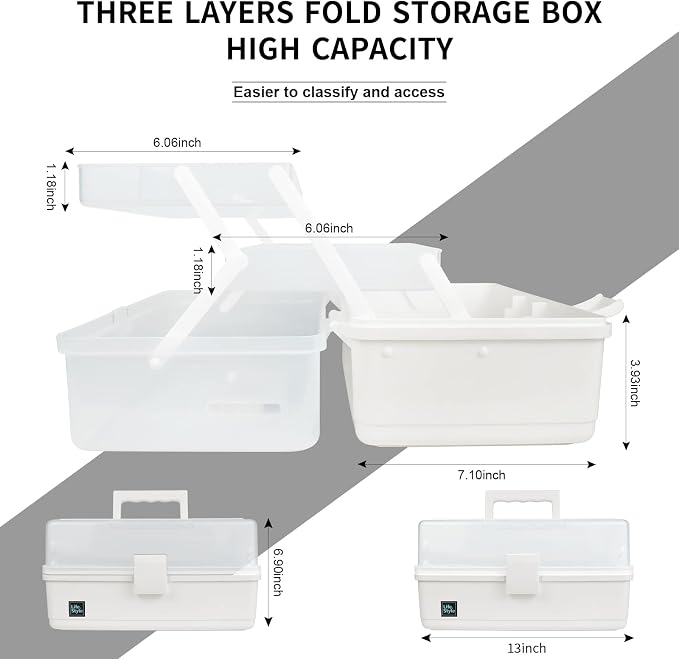Creahaus 13 inch Art Craft Organizer Storage Box with 3 Layer, Multipurpose Plastic Tool Box with Handle for Sewing, Art Supply, Medicine, Nail, Hair Accessories (White)