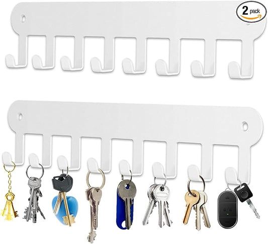 2 Pack Key Holder Wall Mount, Wall Mount Key Holder | Key Hooks Hanging Keys, Key Hanger with 8 Hooks, No-Drill Decorative White Key Rack for Living Room, Kitchen, or Bathroom