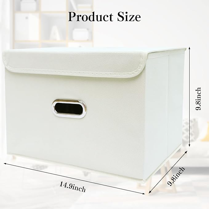 STOREONE Fabric Storage Cube Bins Foldable Organizer Container Collapsible Basket with Lids and Metal Handles, for Home, Bedroom, Closet 6 Pcs (Creamy-White)