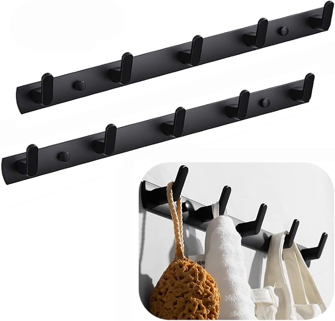Wall Mounted Coat Rack, 5 Hooks, 17.7"x1.3", Modern, Black, 2 Pcs | Space Aluminum, Rustproof, for Hallway, Entryway, Hanging Holder for Clothes, Towel, Backpack, 40 lbs Capacity, Easy Install