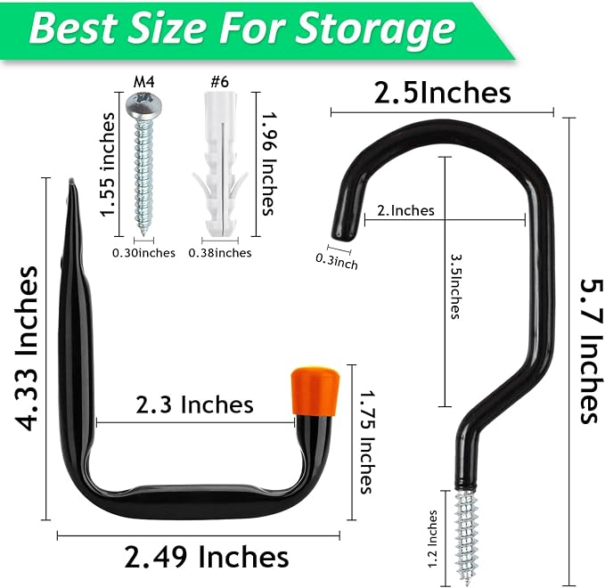 12 Pcs Heavy Duty Garage Bike Storage and Utility Hooks-5.7" & 4.5" | Vinyl coated, Anti slip, Stainless steel, Anti rust, Garage Wall, Ceiling Hooks for Hanging Bicycle, Hose, Cord, Garden Tools