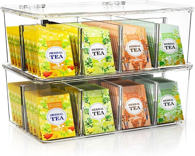 Utopia Home Tea Bag Organizer with Lids, Stackable Tea Box, 2 Pack, Clear | Partition Organizers with Lids For Drawers, Countertops, Fridge, Kitchen, Snack & Spice Organization