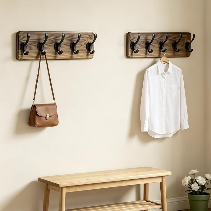 17" Coat Rack Wall Mount with 5 Metal Hooks, Rustic Wall Mounted Coat Rack | Pine Solid Wood Coat Hook Hanger - Wall Coat for Hanging Clothes Key Robes Towels Coats