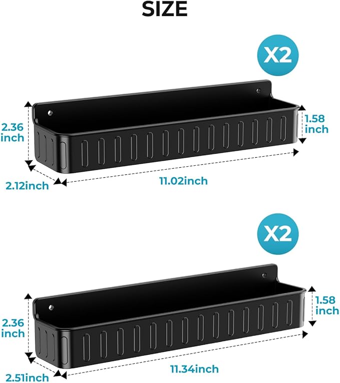 Nieifi Spice Rack Wall Mount, 4 Pack Black, 2" Depth, Screw/Adhesive | Wall-Mounted with Removable Hooks Saves Counter Space, Fits 2" Deep Jars, Ideal for Kitchen Cabinets, Pantry Doors, and RVs.