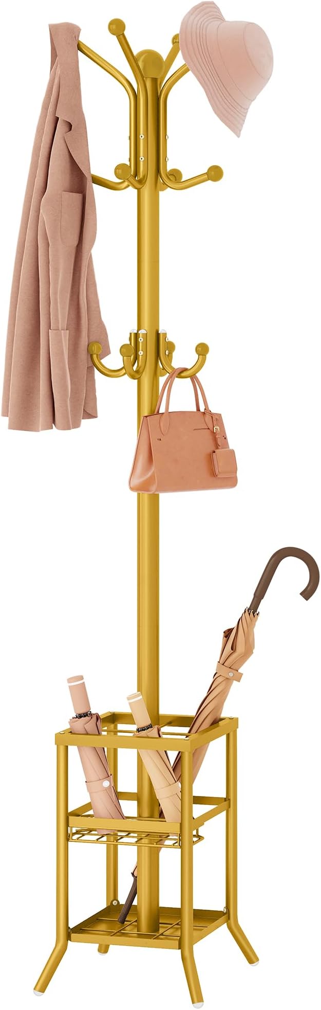 FAVOOSTY Coat Rack Freestanding,Coat Rack Stand with Umbrella Holder,Metal Coat Tree with 12 Hooks,Tree Clothes Hat for Entryway, Hallway, Bedroom, Living Room & Office -Glod