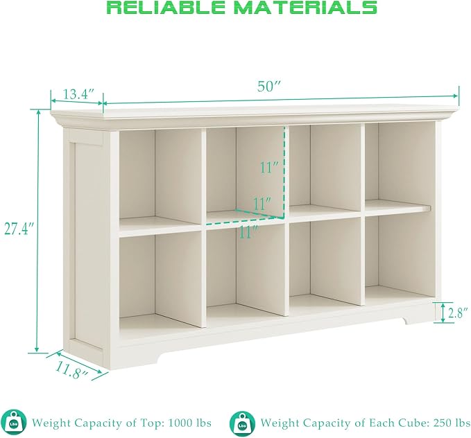 OSCHF 8-Cube Open Bookcase with Base, 2-Tier Low Cabinet, White | Curved Base, Crown Molding, Fits 11×11" Bins, Modern Bookshelf for Living Room, Bedroom, Home Office, TV Stand Storage