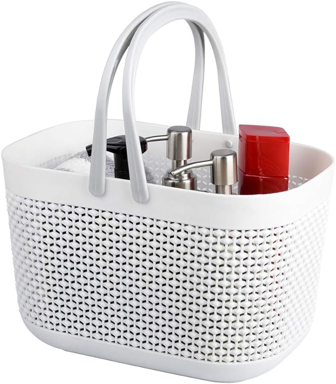Plastic Portable Shower Caddy Basket, Storage Organizer with Handle, White | Bottom Drain Holes, Keep Dry, Sturdy and Durable, Easy to Carry for Bathroom, Kitchen, Dorm Room, RV, College