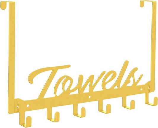 Azmoncy Over The Door Hooks, Towel Hook Towel Rack for Bathroom Towel Holder for Hanging Heavy Duty, Wall Mount Towel Hanger with 6 Hooks for Bedroom Bathroom Kitchen Towels, Bag, Coats, Hats(Gold)
