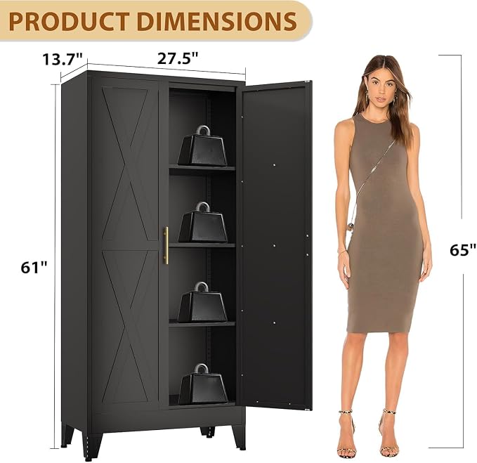 61" Metal Storage Cabinet with 2 Doors and 3 Adjustable Shelves,Black Farmhouse Kitchen Pantry Cabinet,Steel Garage Tool Cabinet,File Cabinetfor Home,Office,Dinning Living Room,Warehouse