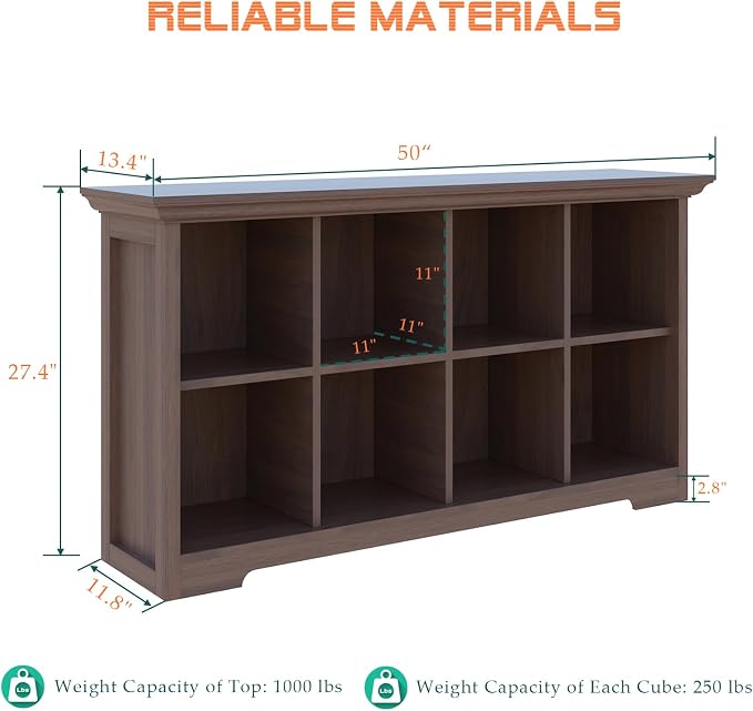 OSCHF 8-Cube Open Bookcase with Base, 2-Tier Low Cabinet, Walnut | Curved Base, Crown Molding, Fits 11×11" Bins, Modern Bookshelf for Living Room, Bedroom, Home Office, TV Stand Storage