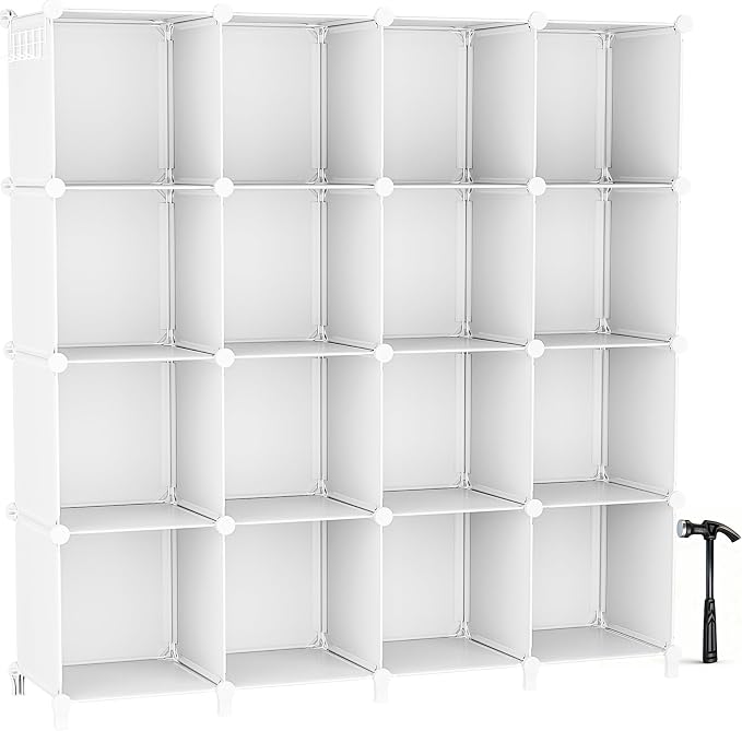 Neprock 16 Cubby Storage Organizer, Closet Clothes Storage Organizer, Cube Shelves Closet Organizers and Storage Shelves for Clothing Storage with Hammer, Bookshelf for Kids (White)
