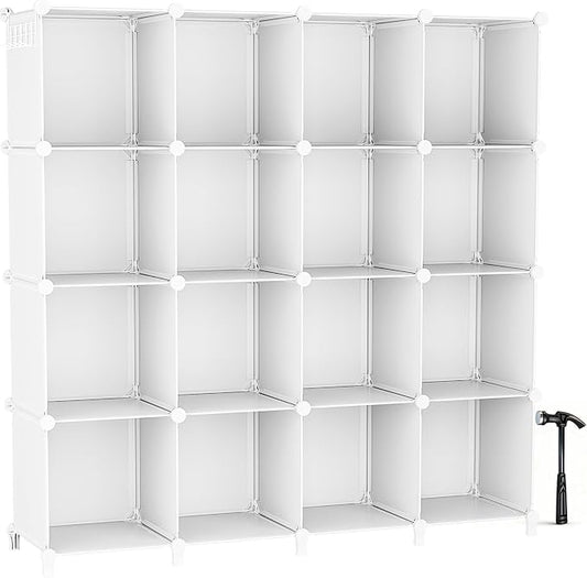 Neprock 16 Cubby Storage Organizer, Closet Clothes Storage Organizer, Cube Shelves Closet Organizers and Storage Shelves for Clothing Storage with Hammer, Bookshelf for Kids (White)