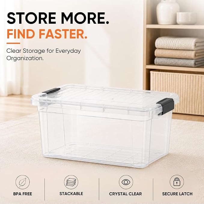 Superio Deep Storage Organizer Bin with Lid X-Deep Small Clear Storage Box with Latch for Home, Kitchen, Garage- Store, Food, Supplies, and Hair Accessories (4.75 Quart)
