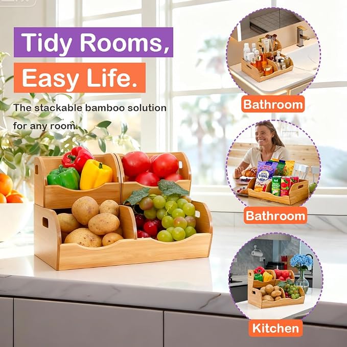 Stackable Bamboo Pantry Organizer - 3-Piece Storage Basket Set for Potato, Onion & Kitchen Cabinet, Tool-Free Assembly, Multi-Size Bins