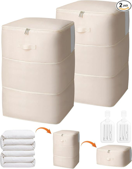 2 Pack Comforter Storage Bag, 204L Blanket Storage Bags Self Compression Comforter Organizer and Storages, Space Saving Washable Compression Bags for Blanket Bedding Pillow Duvet Quilt, Beig