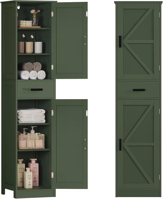 TEENFON Tall Bathroom Cabinet, Storage Cabinet with 6 Shelves & Drawer, Bathroom Storage Cabinet with Adjustable Shelves, Tall Cabinet for Living Room, Home Office, Green
