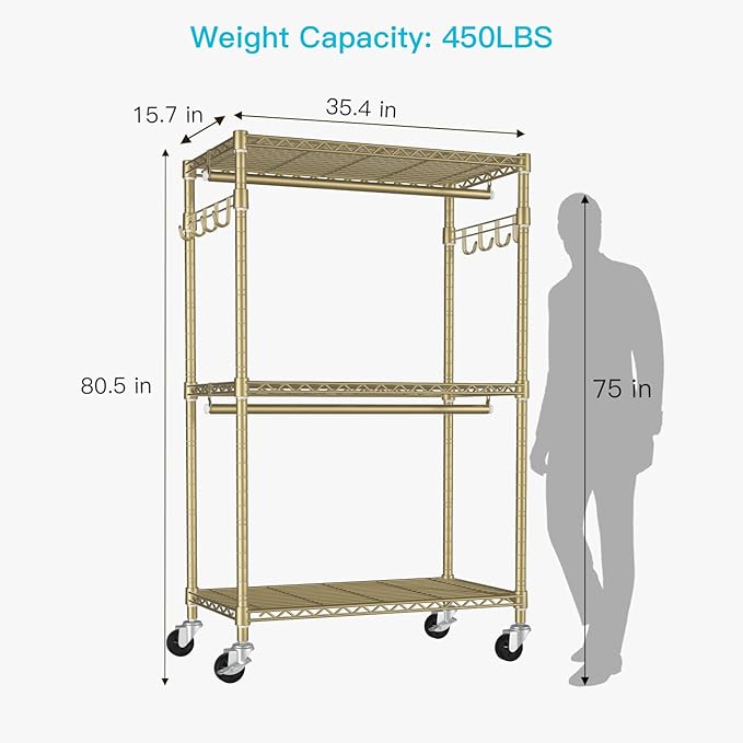 FUTASSI P1 Rolling Clothes Rack, Metal Garment Closet Organizer with Wheels | Portable Clothing Wardrobe with Double Hanger Rods and Hooks, 35.4"W x 15.7"D x 80.5"H, Load 450lbs, Gold