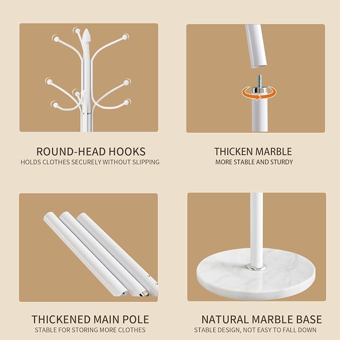 Metal Coat Rack Stand, Modern Freestanding Coat Rack with Natural Marble Base,White Coat Racks and Coat Hall Tree Hanger Stand with 12 Hooks for Entryway, Hallway, Office