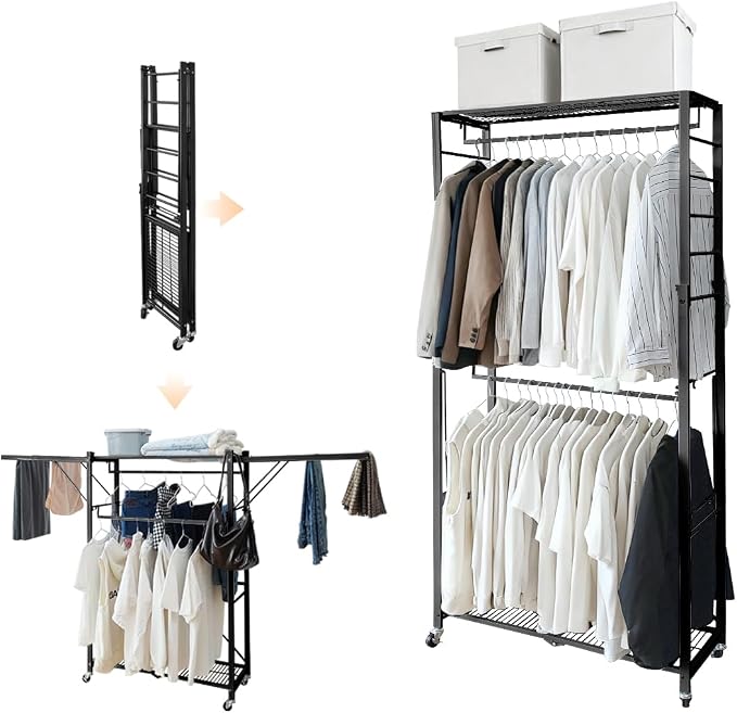 lumizone Folding Clothing Rack with Wheels Expandable Black | Adjustable Garment Rack Portable Clothes Rack for Hanging Clothes Closet Shelves Durable Closet Racks for Hanging Clothes