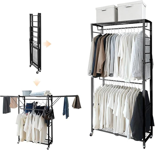 lumizone Folding Clothing Rack with Wheels Expandable Black | Adjustable Garment Rack Portable Clothes Rack for Hanging Clothes Closet Shelves Durable Closet Racks for Hanging Clothes