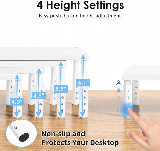 Monitor Stand Riser for Desk, Adjustable Computer & Laptop Stand, Desk Organizer for Monitor, Laptop, PC, Printer, Office Desk Accessories for Home & Office, White Wood