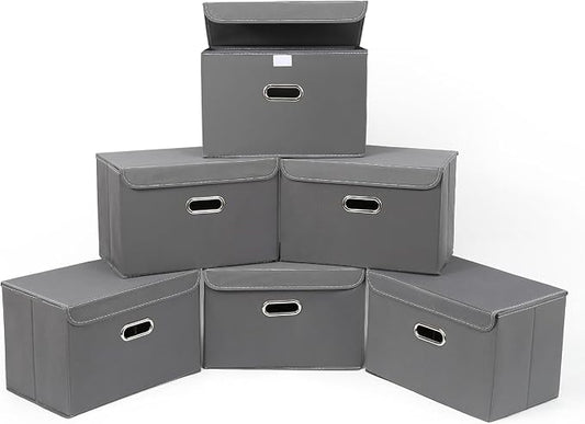 STOREONE Fabric Storage Cube Bins Foldable Organizer Container Collapsible Basket with Lids and Metal Handles, for Home, Bedroom, Closet 6 Pcs (Grey)