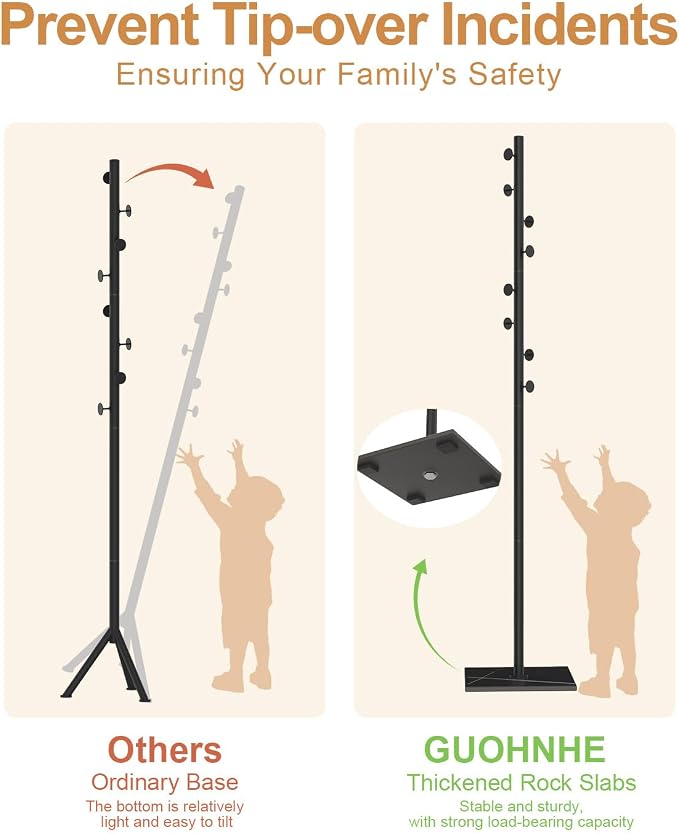 Clothes Rack Freestanding, Coat Tree with 8 Hooks, Black | Small Standing Cloth Hanger with Heavy Rock Slab Base, Modern Metal Garment Rack with 8 Hooks for Bedroom, Office