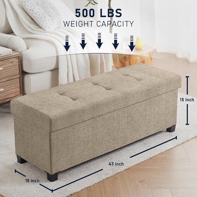 Ornavo Home 43" Large Storage Ottoman Bench with Legs, Taupe | Foot Rest Stool; Ottoman with Hidden Storage; Ideal for Bedroom, Living Room, Entryway or Home Office