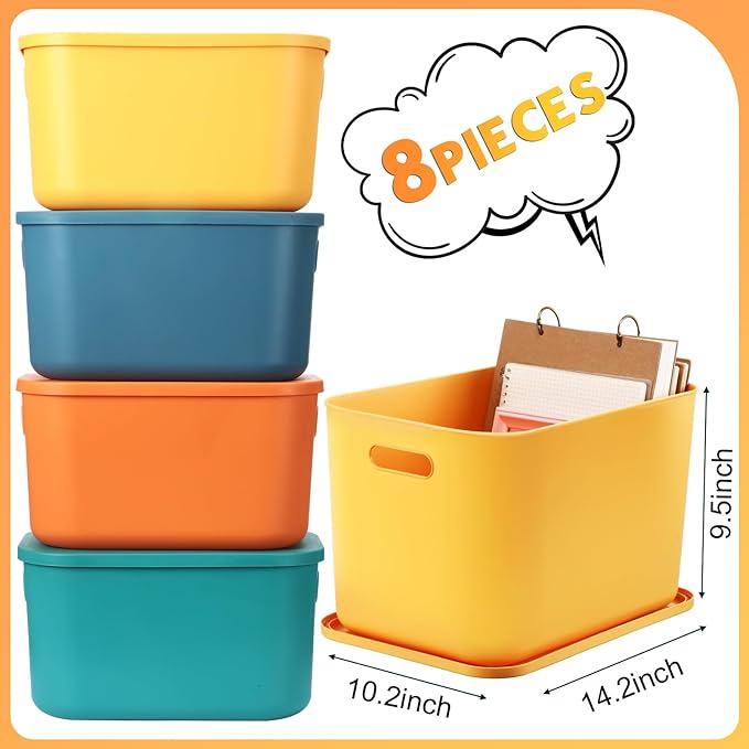 8 Pieces Colorful Storage Bins with Lid, Plastic Storage Basket Organizing Container Stackable Box with Handle for Shelves Desktop Playroom Office(14.2 x 10.2 x 9.5 Inch,Multi-colored)