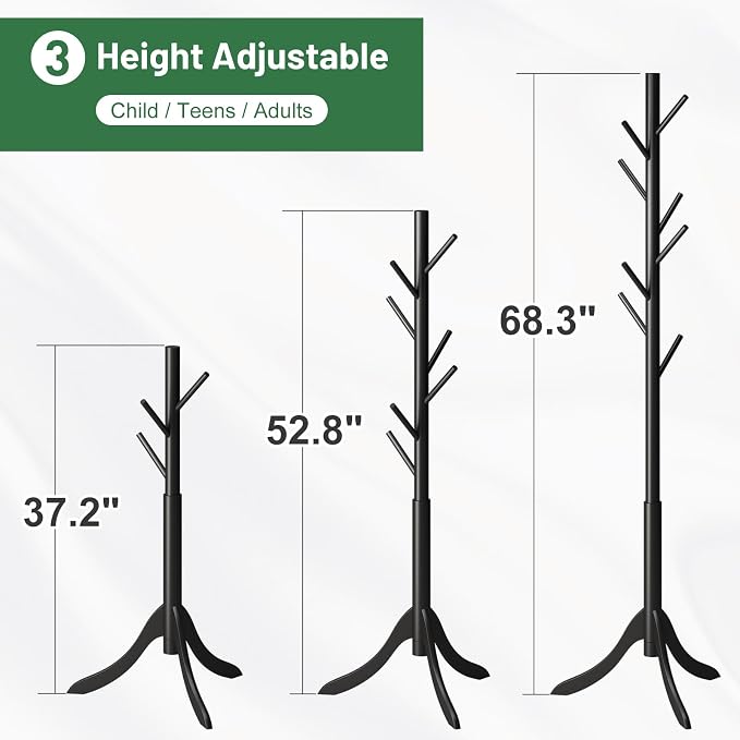 kiplant Black Coat Rack Stand, Bamboo Wood Freestanding Coat Tree with 8 Hooks, Hallway Entryway Hat Hanger Organizer Standing for Bedroom, Office, Clothes, Jackets, Bags, Umbrallas