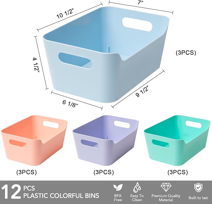 Tiawudi 12 Pack 4.5L Storage Bins, Plastic Storage Baskets for Home Classroom Organization, Multi-Use Organizer Bins for Cabinet, Pantry, Drawer, Closet, Countertop or Shelves, Colorful Containers