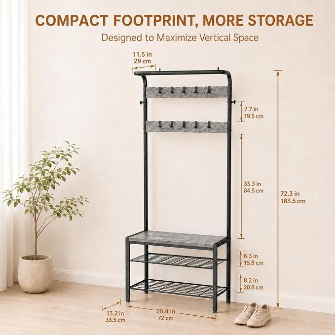 Simple Deluxe 4-in-1 Hall Tree with Bench and Shoe Storage, Entryway Coat Rack with 10 Hooks, Freestanding Mudroom Organizer with 2-Tier Shoe Rack for Entryway Bedroom Foyer, Grey
