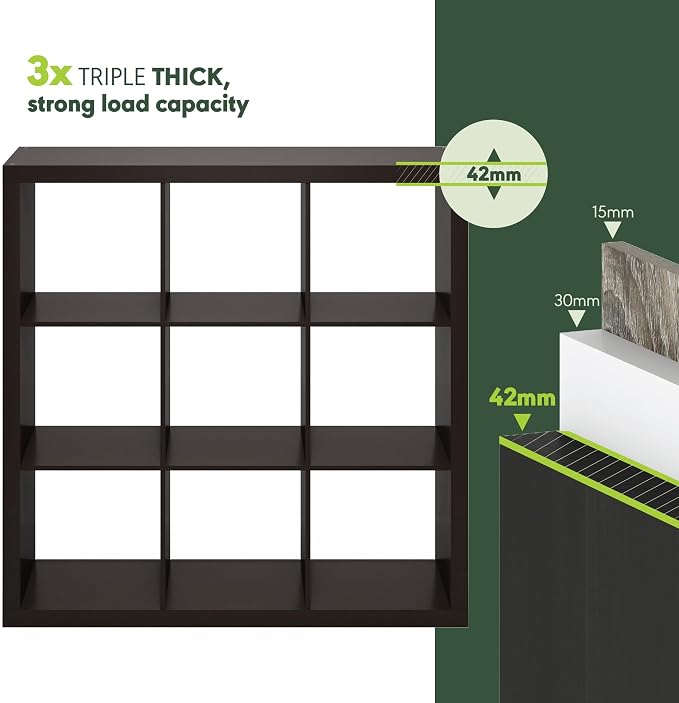 Furinno Cubicle Book Shelf, 9-Cube Bookshelf, Triple Thick Frame Cube Storage Organizer, 1.65" Bookcase, 15.4" x 43.8" x 43.4", for Home Office, Living Room, Black Oak