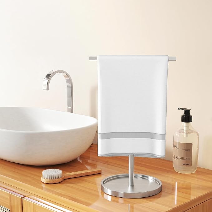 STWWO Hand Towel Holder Stand, Countertop Hand Towel Stand for Bathroom Kitchen, T-Shape Adjustable Hand Towel Holder, Brushed Nickel