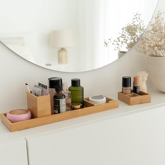 Bamboo Vanity Tray Set, 6-Piece Bathroom Organizer for Small Items | 14.9-Inch Long, Modular 6-Piece Set for Makeup, Jewelry and Small Items on Bathroom, Kitchen or Desk Counters