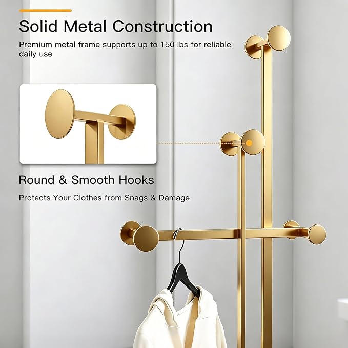 Metal Coat Rack Freestanding for Entryway (Gold) | Heavy Duty, Marble Base, Metal Frame, Essential Items Organizer for Clothes Bags, for Bedroom Living Room Hotel