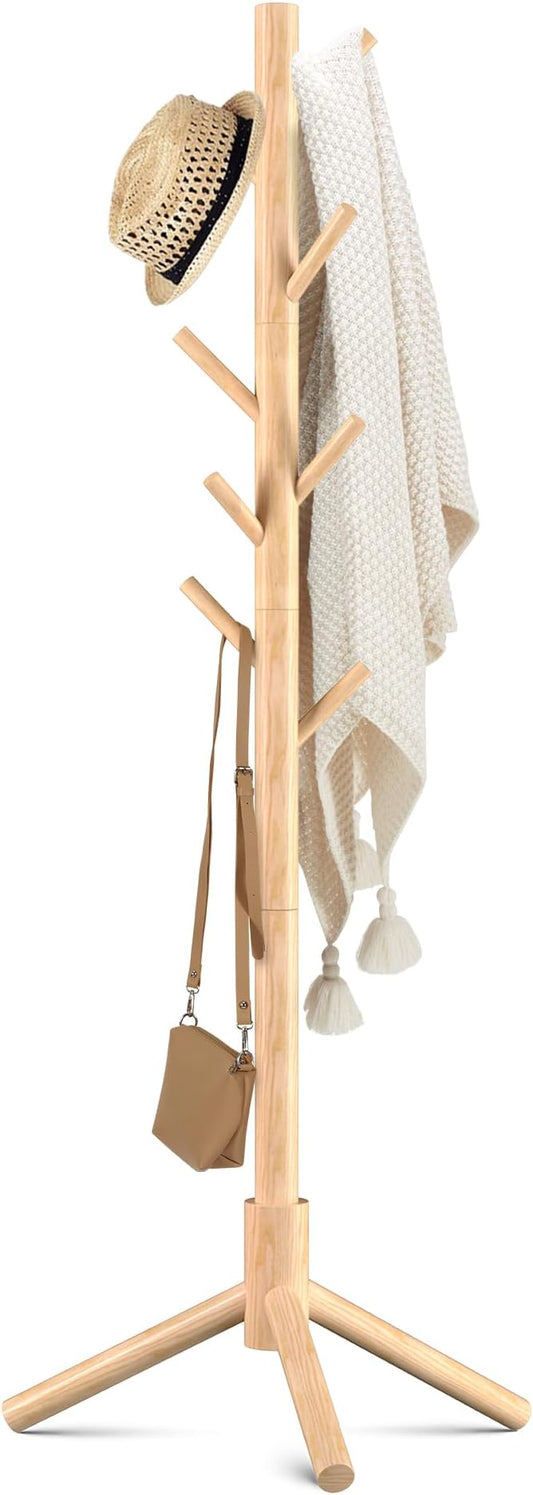 Haddockway 3 Adjustable Freestanding Wooden Coat Rack Stand 8 Hooks,Hallway