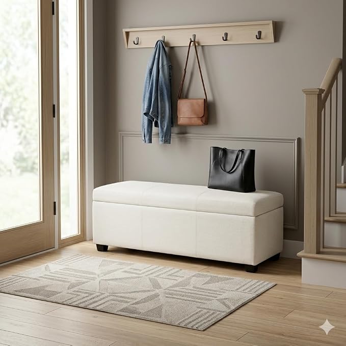 SIMPLIHOME Avalon 54" Wide Vegan Leather Storage Ottoman in Stone Grey | Transitional lift-top ottoman with high-density foam; rectangle storage bench or coffee table for living room or entryway.