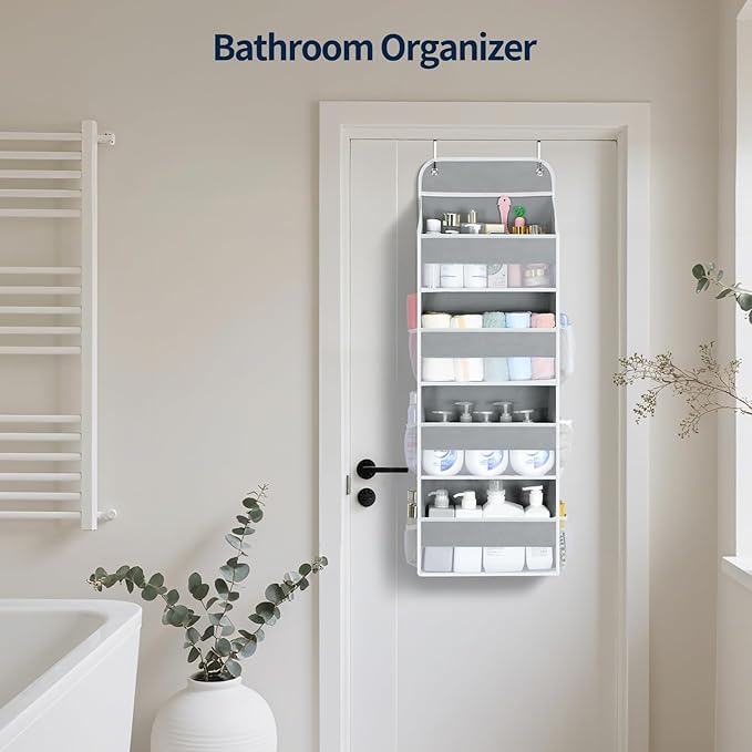 Yecaye Over The Door Organizer, Heavy Duty Hanging Organizers and Storage with 4 Large Capacity Pockets, Swing-Proof Behind The Door Storage for Bathroom Nursery Bedroom Dorm Closet, Grey,1Pc