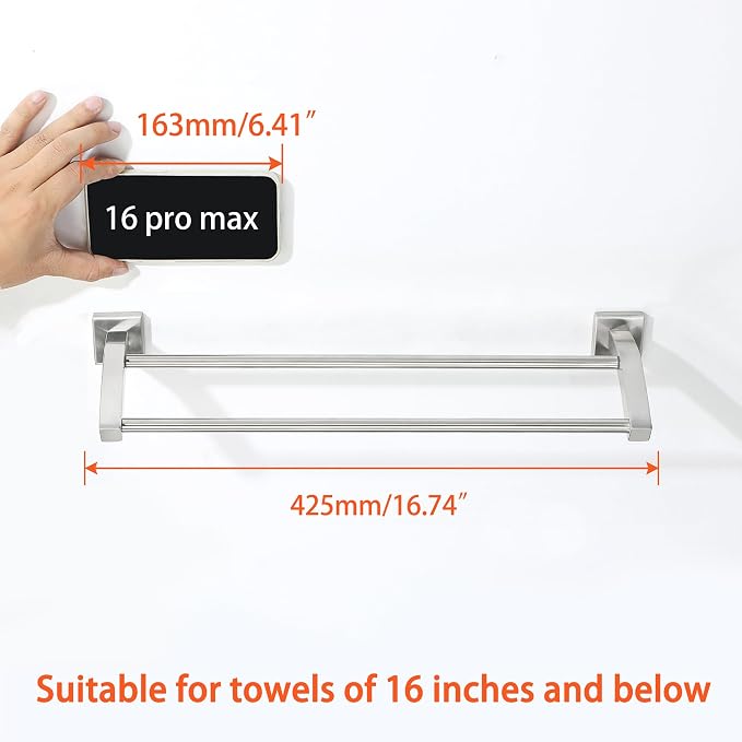 Alise Double Towel Bar, 16" Double Towel Racks for Bathroom, Brushed Nickel | Quick Drying Bathroom Towel Holder, SUS304 Stainless Steel Towel Hanger Wall Mounted, Useable Length 14.9"