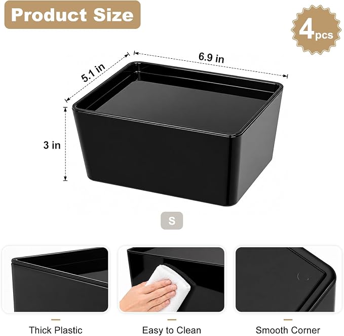 Soddeph 4 Pack Thick Plastic Storage Box with Lid, Durable Stackable Storage Bins, Hard Plastic Organizer Baskets for Home Office,Storage Containers.6.8" x 5.1" x 3.1" (Black with Lid)