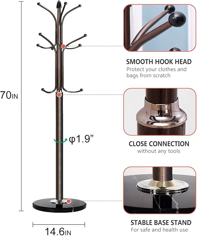 Kertnic Freestanding Coat Rack Stand, Heavy Duty Metal Hall Tree with 12 Hooks, 70 Inch Tall Stable Coat Hanger with 14.6" Natural Marble Base, Entryway Organizer for Coats Bags Hats Purses (Bronze)